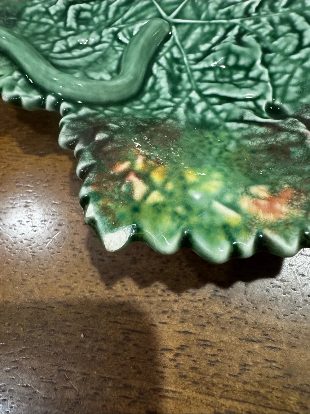 Bordallo Pinheiro Majolica Leaf Dish Green Orange Glaze Pottery Made in Portugal